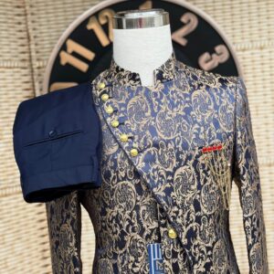 Men's Single-Breasted Slim Fit Kaunda Suit, Formal Gold Embellished Coat Design, Black Trousers