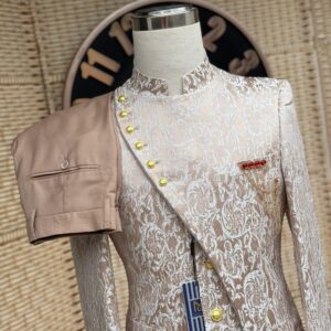 Men's Single-Breasted Slim Fit Kaunda Suit, Formal Beige Patterned Coat Design, Beige Trousers