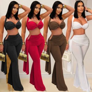 New Vacation, Summer, or Clubwear Two-Poece Set with a Halter-s
Style Crop Top and High-Waisted, Flared Pants with Cutouts
