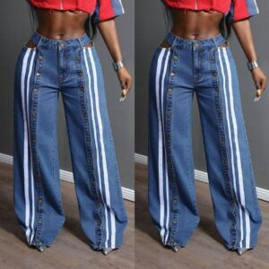 Stylish High-Waisted, Wide-Leg Denim Pants with Vertical Stripes and Row of Buttons on Each Leg