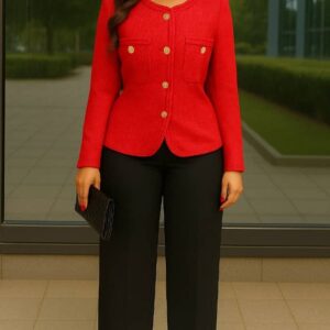 Timeless Pantsuit with Black Pants and Colourful Collarless Long-Sleeved Jacket