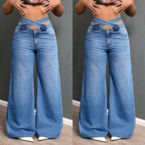 Wide-Leg, High-Waisted Denim Jeans with a Decorative Criss-Cross Design Waistband with Floral Appliques