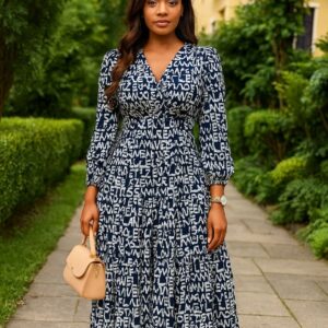 Modest Long-Sleeved Midi Dress with a Blue and White Print
