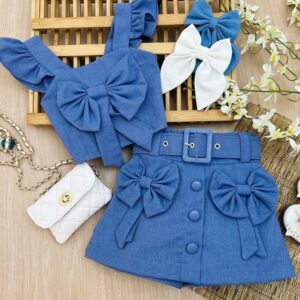 Little Darling Denim-Look Bow Skirt Set
