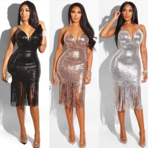 Eye-catching Sequin Fringe Bodycon Dress with Spaghetti Straps in Rose Gold, Black, and Silver