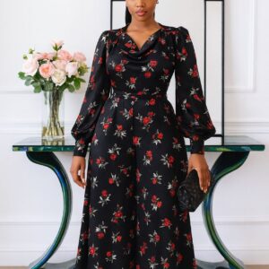 Stylish Black Wide Leg 2 PC Pant with Vibrant Red Flower Pattern