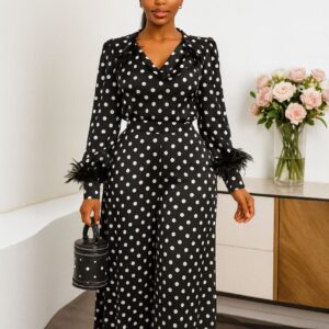 Elegant Black Wide Leg 2 PC Pants with White Dots