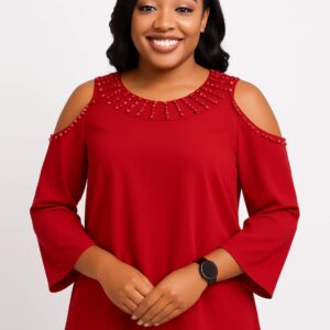 Classy Cold-Shoulder Silk Top with 3/4 Length Sleeves