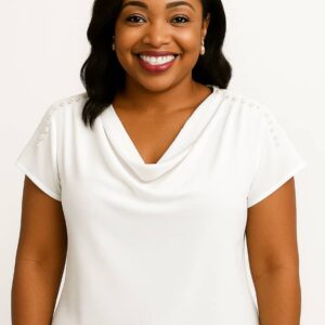 Elegant Draped Cowl Neck and Short Sleeve Silk Top with Pearl Embellishments