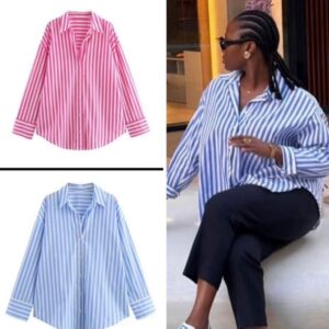 Zara Striped, Long-Sleeved, Button-Up Cotton Shirt with a Classic Collar