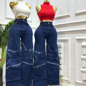 High Waist Vintage Wide Leg Jeans with Star Fringe Distressed Detailing