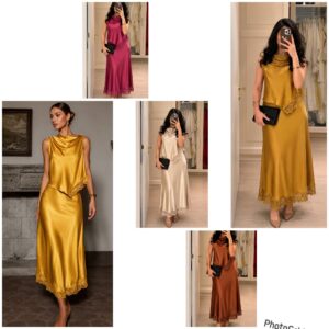 Sollinarry Satin Lace Patchwork Cowl Neck Top and Skirt Two-Piece Set